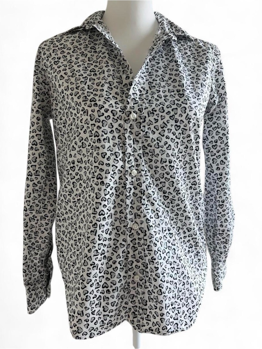 Frank & Eileen Frank White & Black Heart Print Cotton Button Down Shirt XS